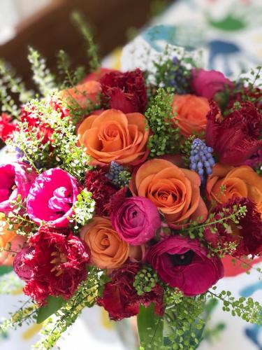 cherry brandy roses, spring handtied bouquet