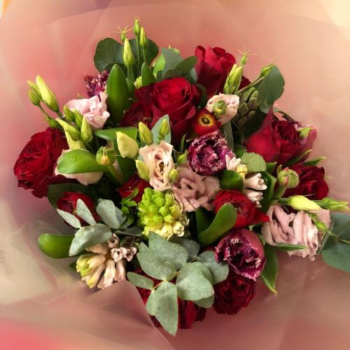 tulips with eucalyptus and lisianthus