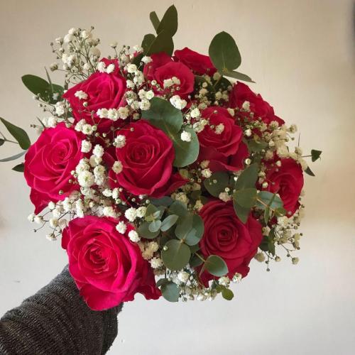 Pink roses, Gypsophila and Eucalyptus bouquet